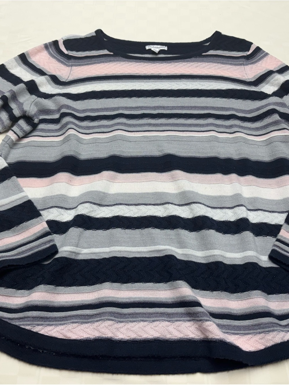croft & barrow Navy, Light Gray and Pink Striped Crewneck Sweater